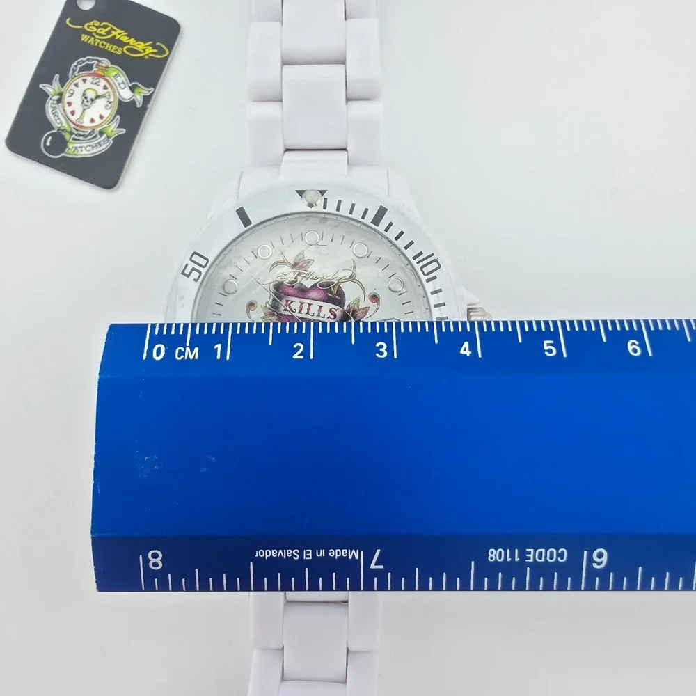 New! ED HARDY VIP Men's Watch Skull Tattoo Unidirectional Bezel White Band 8.75